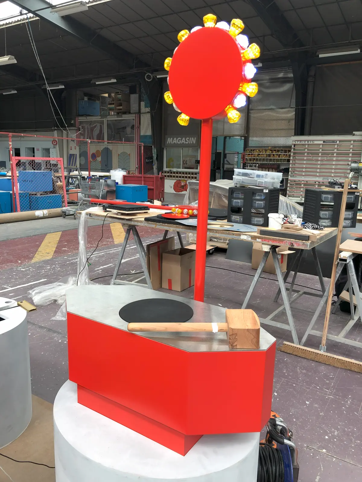 Illuminated totem being assembled in the workshop