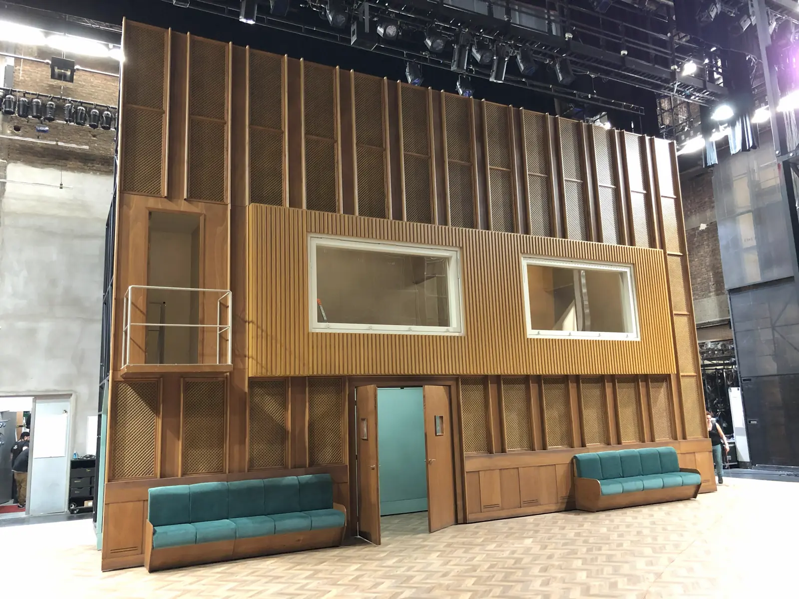 Timber building set built in the workshop and rigged on a theatre stage