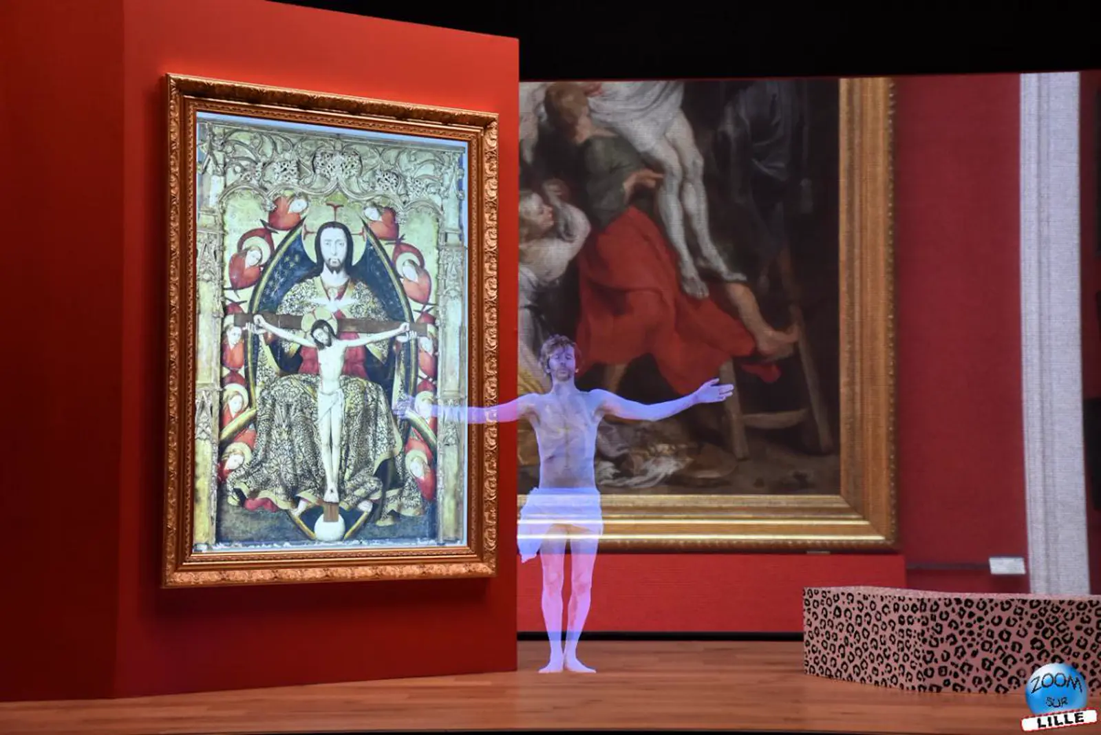 Holographic figure projected in front of an old master painting in a museum