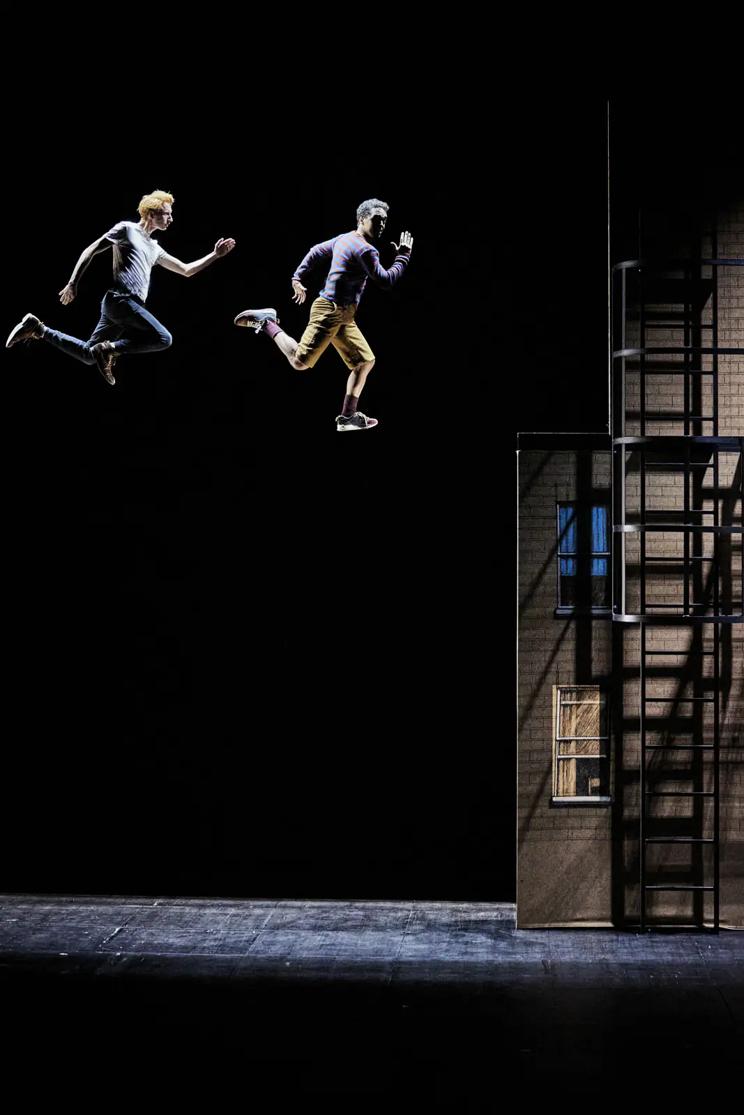 Flying effect in front of a set of façades and staircases